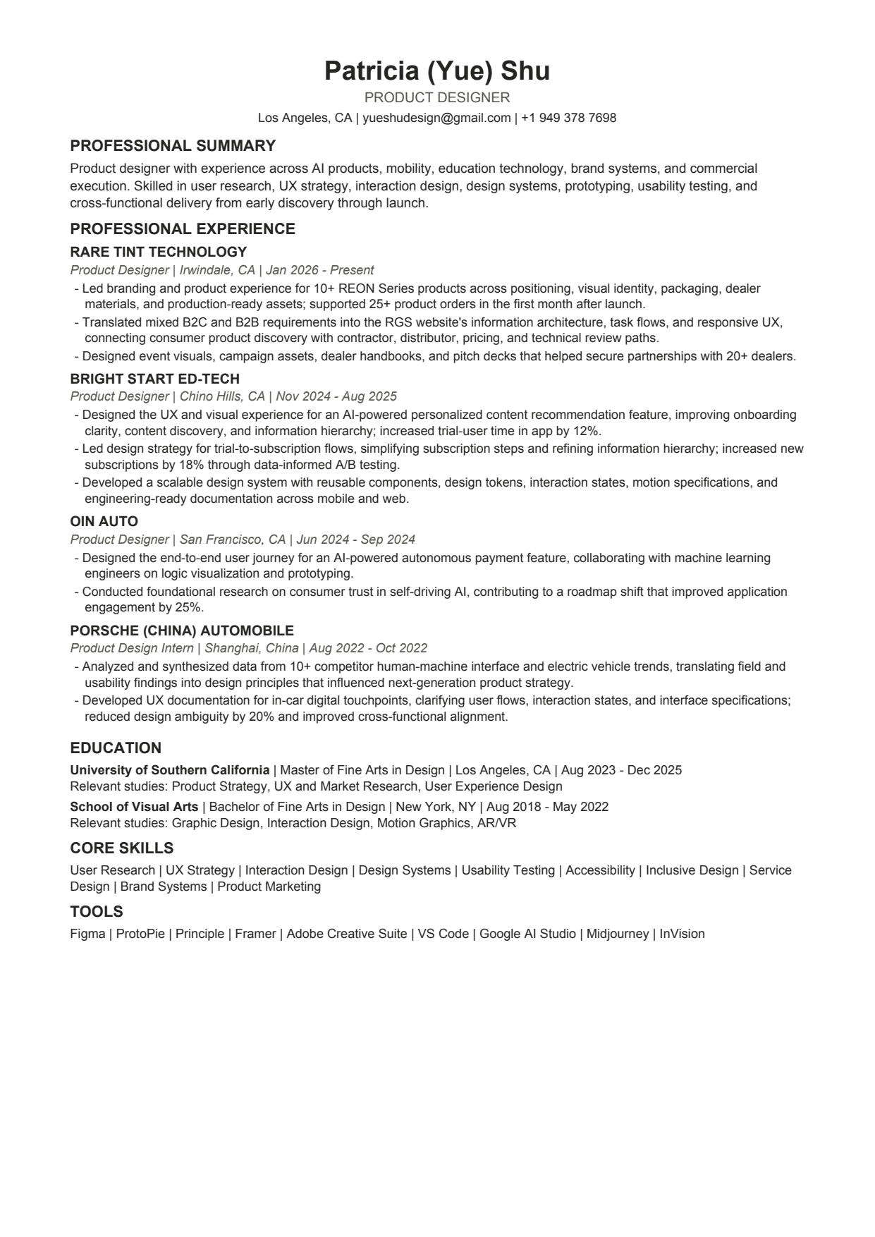 One-page resume for Patricia Yue Shu